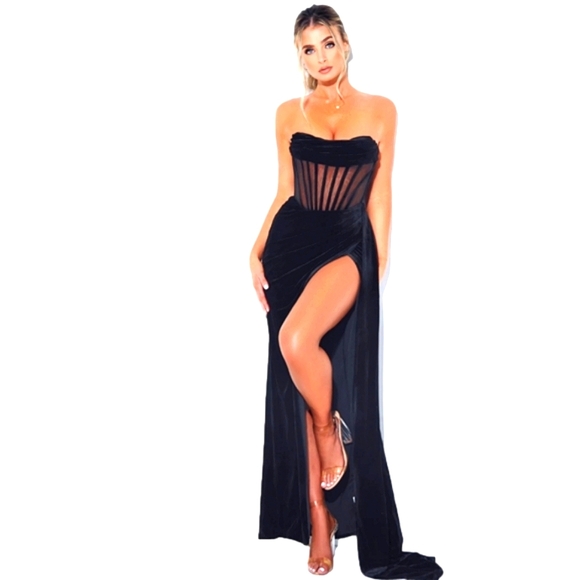 Black Corset High Slit Velvet Gown Sexy Winter Dress Women's Formal - Picture 5 of 16
